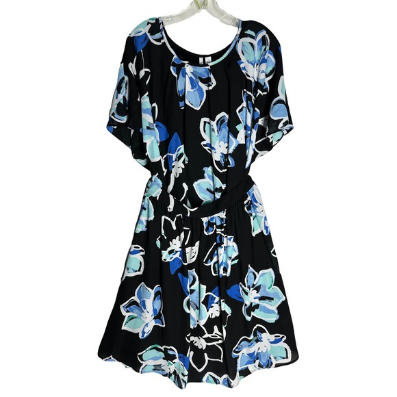 Elle Womens 2 PC Blouse Skirt Set Size L Black Blue Floral Print